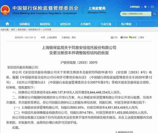 安信信托将增资至98.45亿元 股权结构一并调整